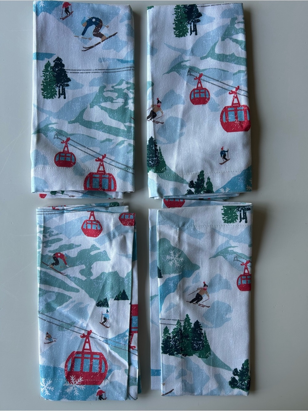 Williams and Sonoma Ski Resort Cable Car Print Cotton Napkins - White, Red, Teal